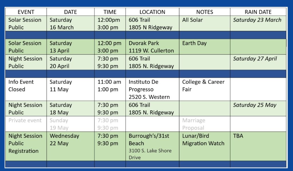 Chicago Astronomer Schedule of events